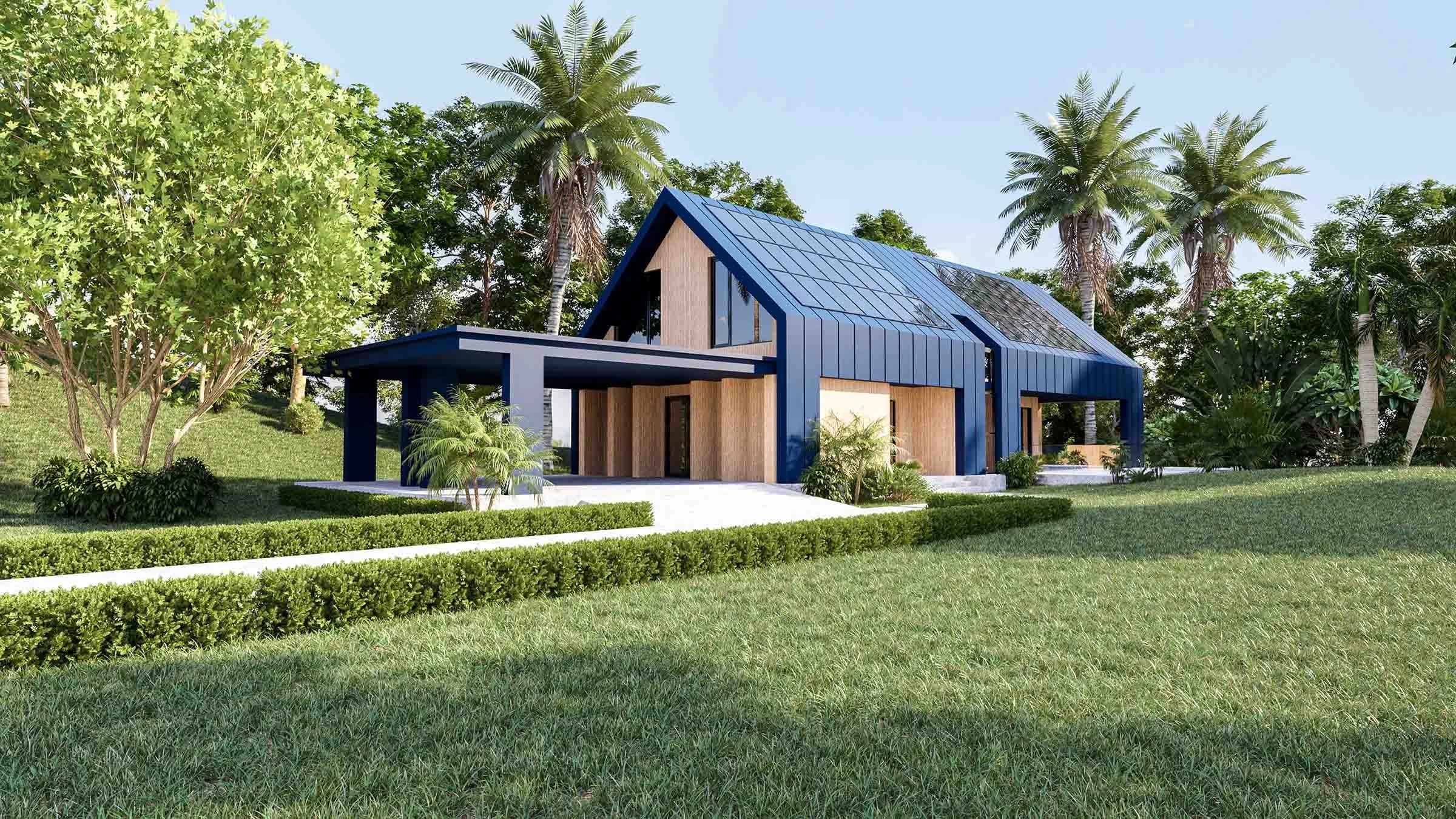 Modern Passive House building with solar panels and timber cladding