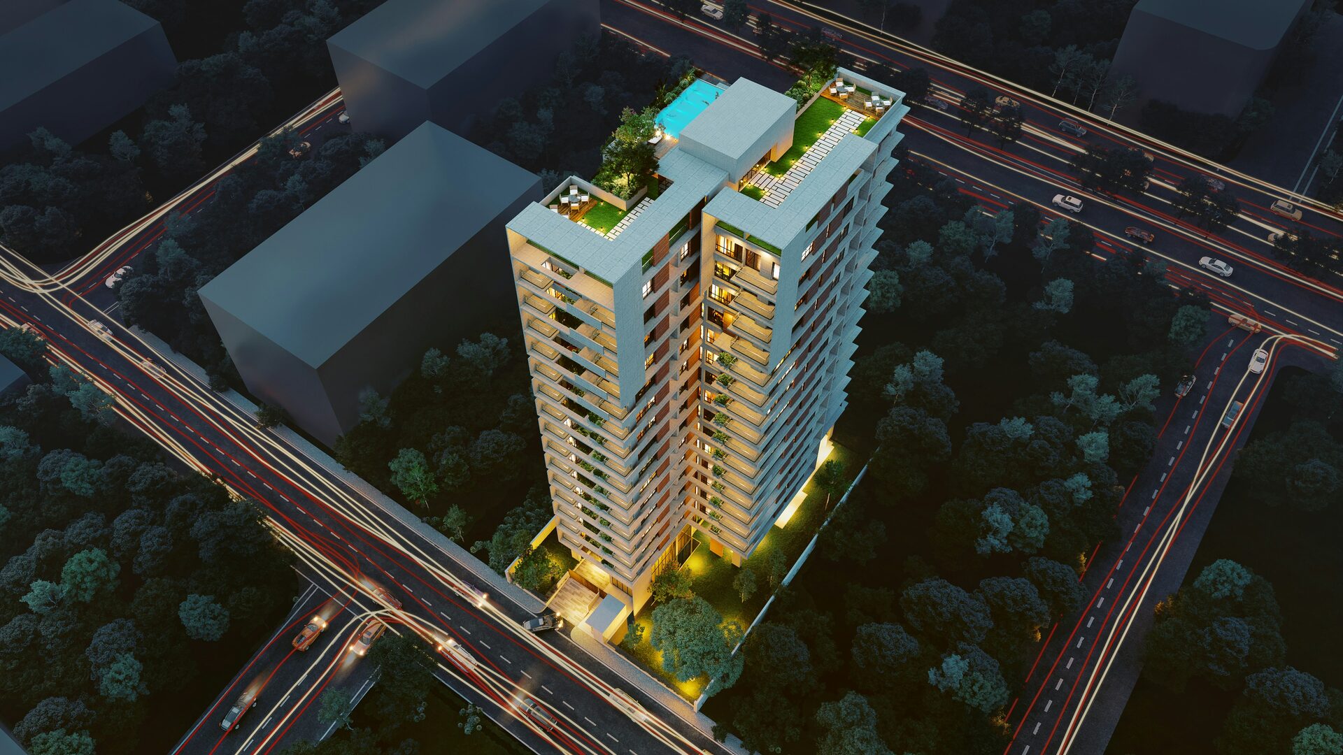 Aerial night render of a multifamily residential tower